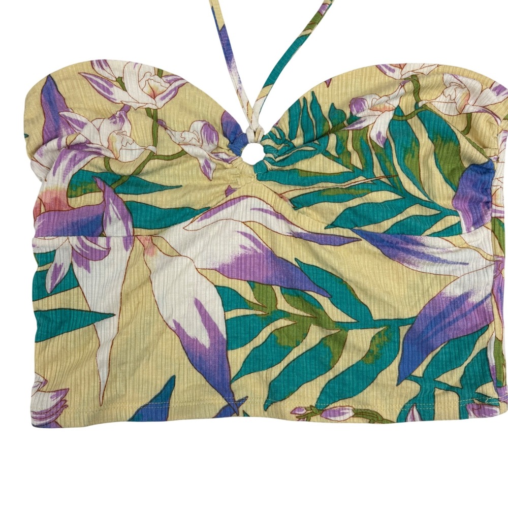 Billabong Womens Tropical Floral Ribbed Halter‎ Crop Top Yellow Purple Large